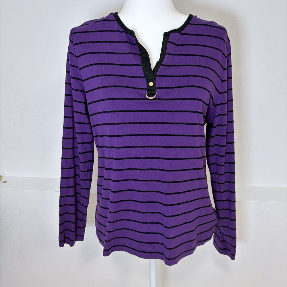 LAUREN Ralph Lauren Purple Black Striped Gold D-Ring Henley Top XL 100% Cotton